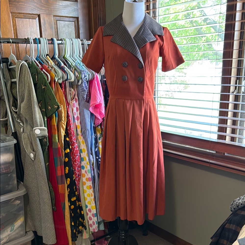 Tatyana Navy and Orange Pleated A-Line Midi Dress